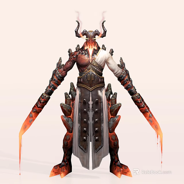 Game Movie Demonic Warrior Character With Horns Flame Armor And Flaming Swords 3d model 