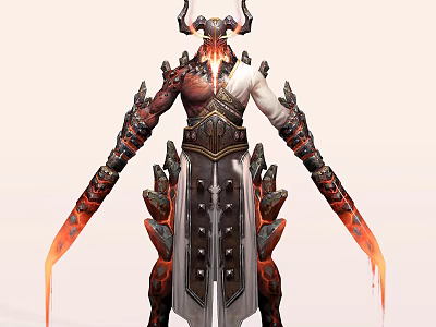 Game Movie Demonic Warrior Character With Horns Flame Armor And Flaming Swords 3d model