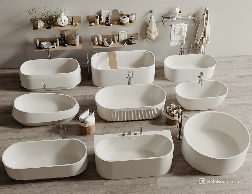 Various White Bathtub Styles For Modern Bathroom With Shelf And Accessories 3d model 