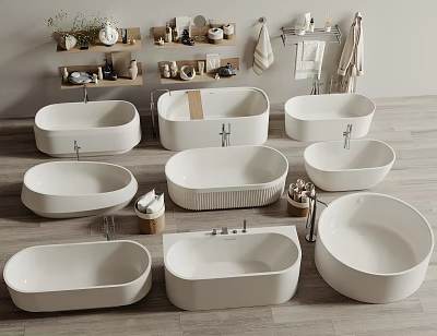 Various White Bathtub Styles For Modern Bathroom With Shelf And Accessories 3d model