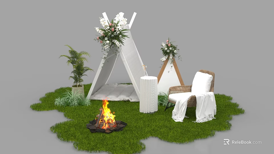 Outdoor Camping Setting with White Tepee Flower Arrangements Bonfire and Chair on Green Grass 3d model 