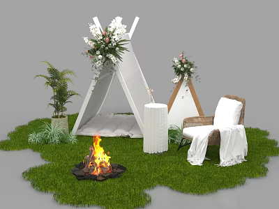 Outdoor Camping Setting with White Tepee Flower Arrangements Bonfire and Chair on Green Grass 3d model