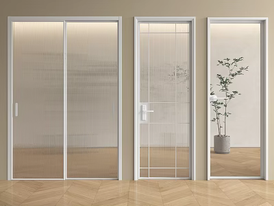 Modern Interior Sliding Doors With Ribbed Glass Design And Wooden Floor 3d model