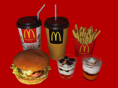 Delicious McDonald's Fast Food Including Hamburger Fries Drinks And Desserts 3d model