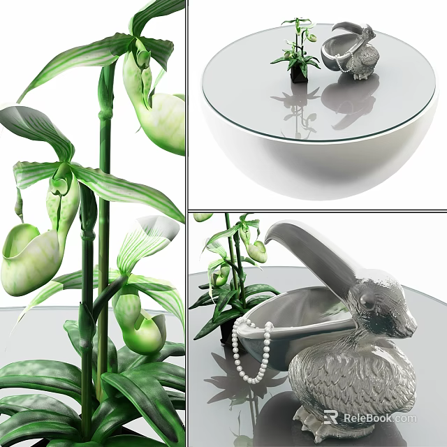 Elegant Glass Top Coffee Table With White Base Swan Ornament Pitcher Plant And Pearl Necklace 3d model 
