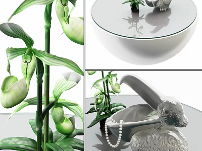 Elegant Glass Top Coffee Table With White Base Swan Ornament Pitcher Plant And Pearl Necklace 3d model