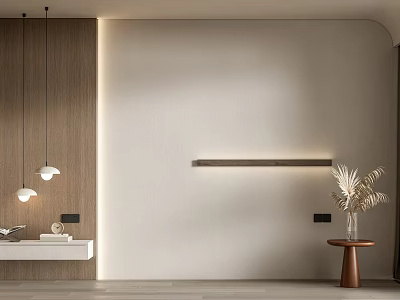 Modern Minimalist Sofa Background Wall Design With Beige Texture Wooden Accents Strip Lighting And Plant 3d model