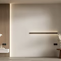 Modern Minimalist Sofa Background Wall Design With Beige Texture Wooden Accents Strip Lighting And Plant