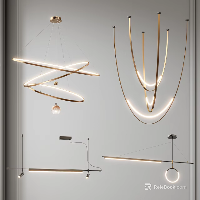 Stylish Modern Chandeliers Featuring Metallic Circular Curved LED Light Designs 3d model 