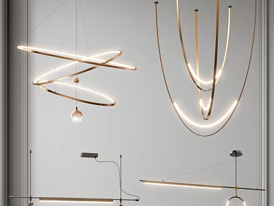 Stylish Modern Chandeliers Featuring Metallic Circular Curved LED Light Designs 3d model