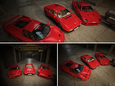 Three Red Vintage Sports Cars Parked In Spacious Garage Interior With Classic Design 3d model