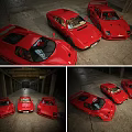 Three Red Vintage Sports Cars Parked In Spacious Garage Interior With Classic Design