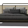 Double Bed With Woven Headboard Wooden Frame And Gray Striped Bedding