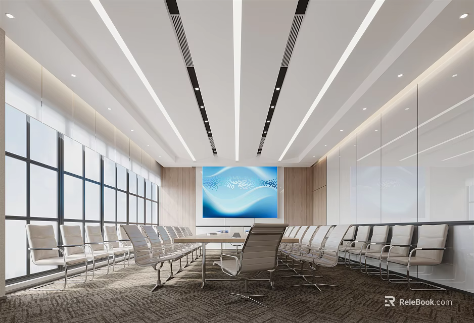 Modern Conference Room Interior With Large Windows Long Table White Chairs Digital Display Ceiling Lighting 3d model 