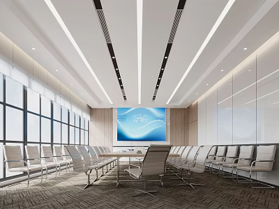 Modern Conference Room Interior With Large Windows Long Table White Chairs Digital Display Ceiling Lighting 3d model