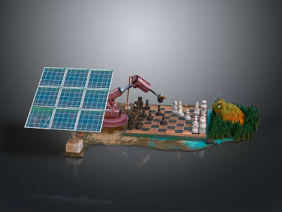 Advanced Robotic Arm And Solar Panel Setup With Chessboard And Green Plants 3d model