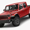 Red Jeep Pickup Truck with Off Road Tires and Open Cargo Bed
