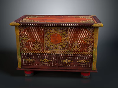 Vintage Ornate Chest With Red Yellow Brown Colors Hexagonal Center Design And Red Footed Base 3d model