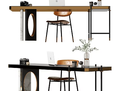 Modern Wooden Desk With Chair Laptop Camera Vase And Green Plant 3d model