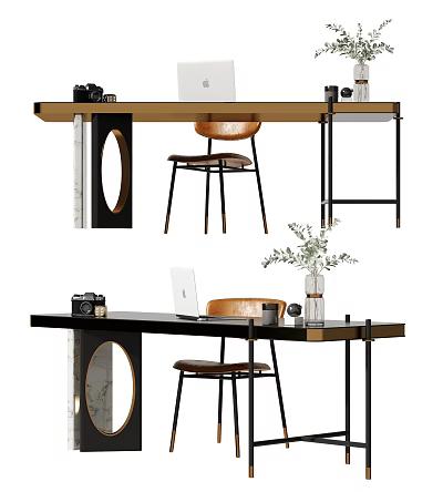 Modern Wooden Desk With Chair Laptop Camera Vase And Green Plant 3d model