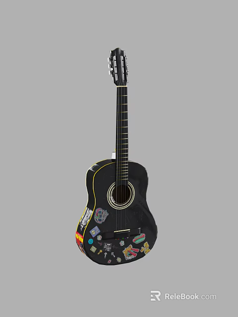 Musical Instruments and Art Supplies Showcasing Black Guitar with Colorful Stickers and Artistic Decorations 3d model 