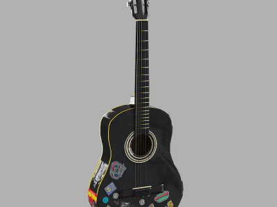 Musical Instruments and Art Supplies Showcasing Black Guitar with Colorful Stickers and Artistic Decorations 3d model