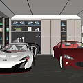Luxury Garage Interior With White And Red Sports Cars Storage Cabinets Staircase And Shelves