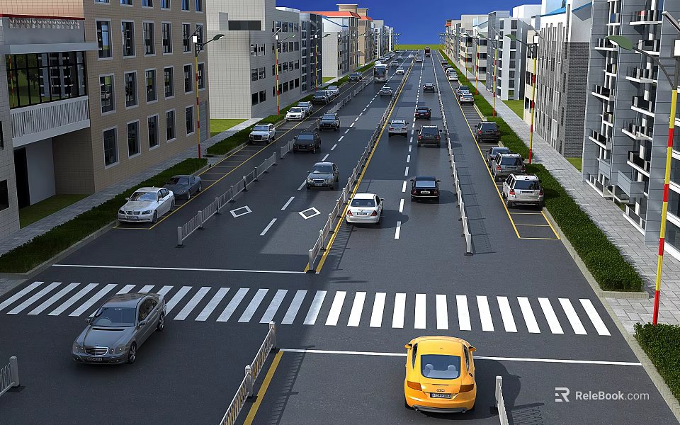 Modern Urban Road Infrastructure With Traffic Markings Zebra Crossing Lane Dividers And Street Lights 3d model 