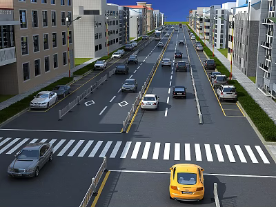 Modern Urban Road Infrastructure With Traffic Markings Zebra Crossing Lane Dividers And Street Lights 3d model