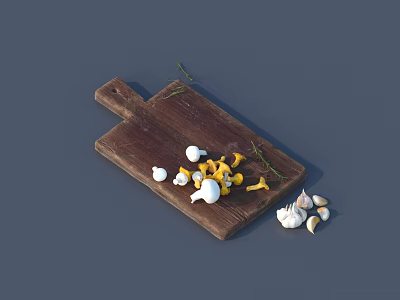 Wooden Cutting Board With Fresh Garlic Mushrooms And Herbs For Kitchen Use 3d model