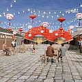 Traditional Commercial Street With Stone Paved Pathway Outdoor Tables Red Lanterns And String Lights