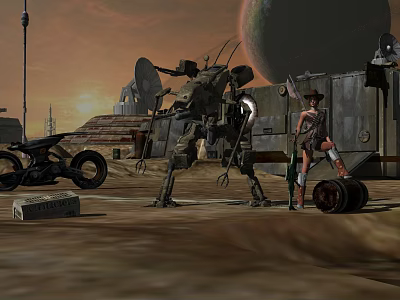 Cartoon Desert Scene With Mechanical Robot Western Style Woman Motorcycle Red Sky And Large Planet 3d model