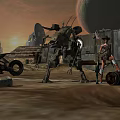 Cartoon Desert Scene With Mechanical Robot Western Style Woman Motorcycle Red Sky And Large Planet