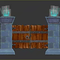 Wooden Entrance Gate With Metal Bars Lock And Blue Stone Pillars With Flame Decorations