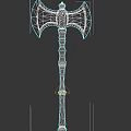 Decorative Battle Axe with Intricate Metal Blades and Wooden Handle Design