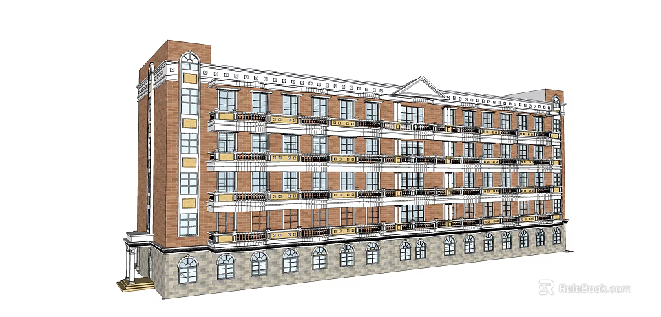 Multi story Classical Red Brick Building With Stone Base And Balconies 3d model