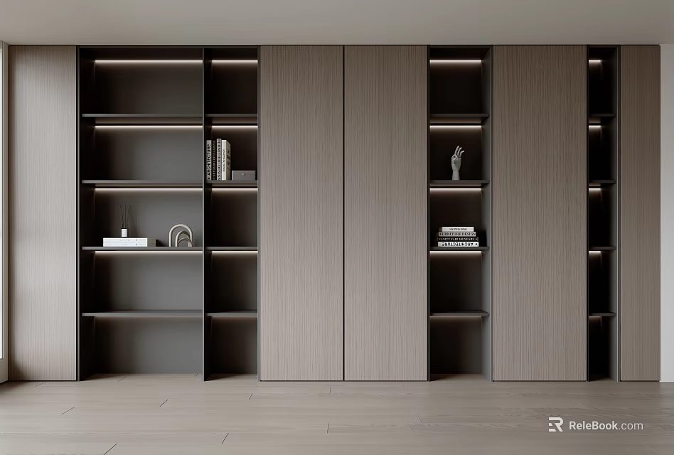 Modern Wooden Bookcase With LED Lighting Open Shelves And Closed Storage Cabinets 3d model 