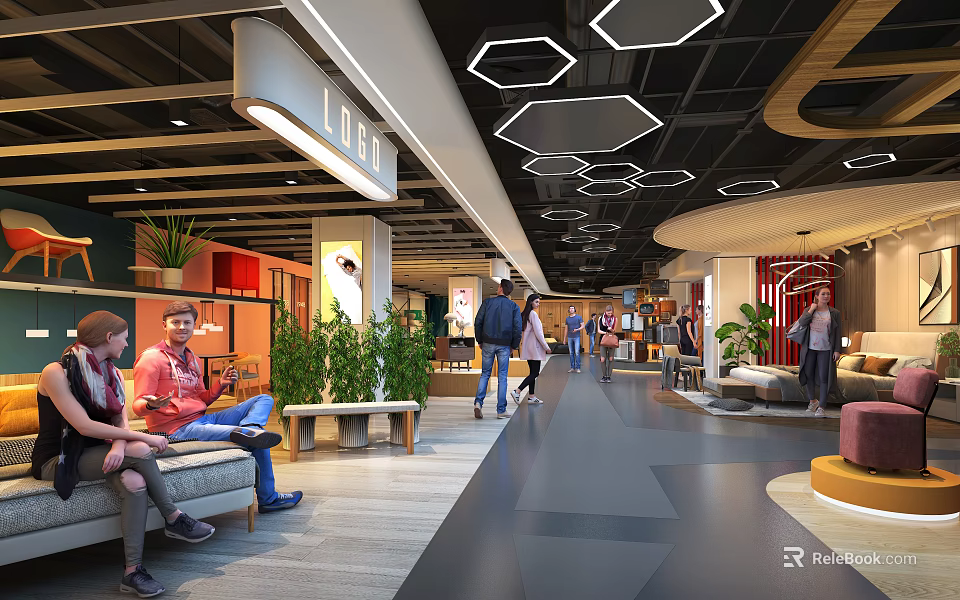 Modern Shopping Mall Interior With People Walking Resting Green Plants Geometric Ceiling Lights And Shops 3d model 