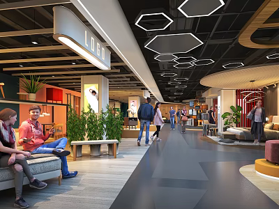 Modern Shopping Mall Interior With People Walking Resting Green Plants Geometric Ceiling Lights And Shops 3d model