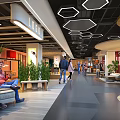 Modern Shopping Mall Interior With People Walking Resting Green Plants Geometric Ceiling Lights And Shops
