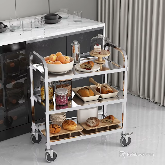 Three Tier Wheeled Metal Kitchen Cart With Fruits Bread Pastries And Glass Dome 3d model 