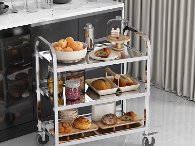 Three Tier Wheeled Metal Kitchen Cart With Fruits Bread Pastries And Glass Dome 3d model