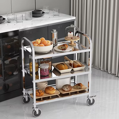 Three Tier Wheeled Metal Kitchen Cart With Fruits Bread Pastries And Glass Dome 3d model