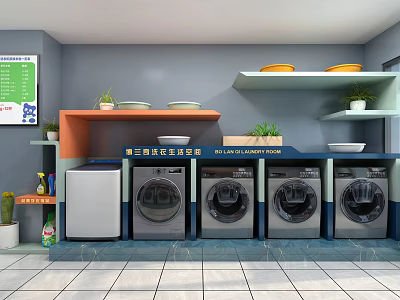 Modern Laundry Room Interior With Washing Machines Shelves And Plants 3d model
