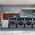 Modern Laundry Room Interior With Washing Machines Shelves And Plants