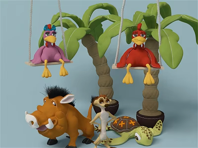 Playful Plush Animal Toys With Bird Figures On Swings Palm Tree And Boar Squirrel Turtle 3d model
