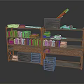 Vintage Wooden Bookshelf With Stacked Books And Drawers On Multiple Shelves