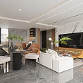 Modern Open Living and Dining Room Interior with Sofa Table Chairs Large Windows Decorative Paintings