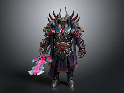 Fantasy Warrior Character With Intricate Armor Horns Weapon And Glowing Red Gems 3d model
