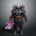 Fantasy Warrior Character With Intricate Armor Horns Weapon And Glowing Red Gems